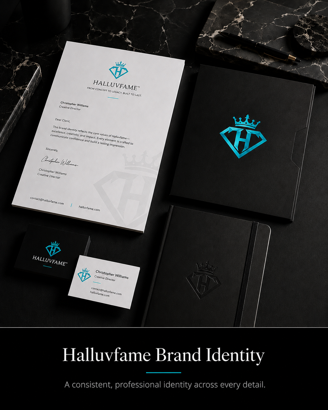 Halluvfame brand identity applied to professional stationery, business cards, and presentation materials