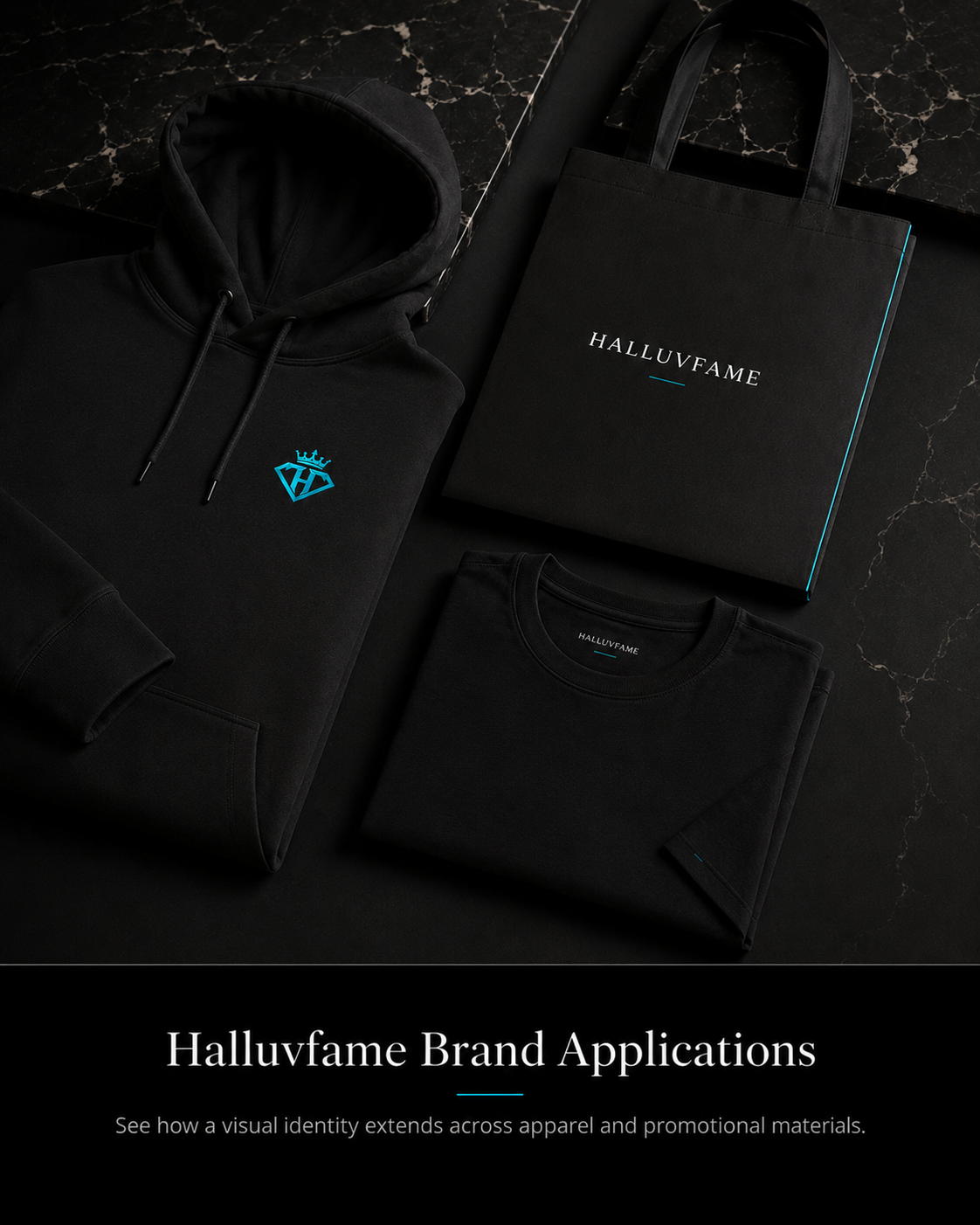 Halluvfame brand applications shown across black apparel and promotional materials