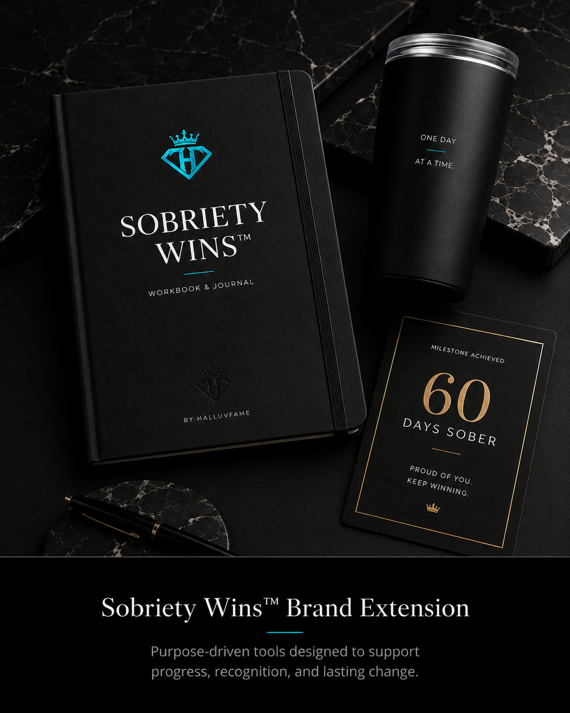 Sobriety Wins™ brand extension across a workbook, tumbler, and sobriety milestone card by Halluvfame™