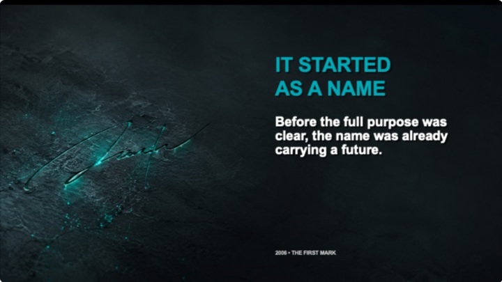 Early Halluvfame script mark in turquoise on a dark field, labeled 2006: The First Mark.